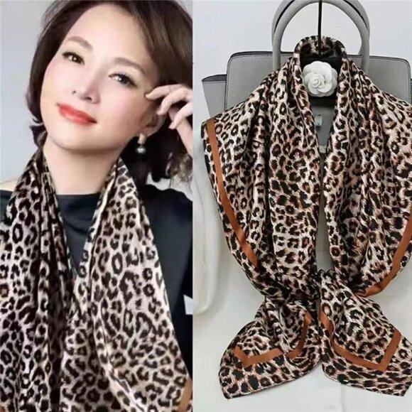 2/$30 Chic Leopard Print Square Scarf Silky Satin with Brown Border Women Gift - Picture 1 of 5